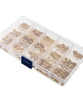Grab This 330pcs Brass Threaded Insert Kit With Knurled Design For Fast DIY Fixes At Home Or Shop, A clear container with assorted brass inserts.
