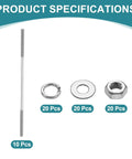 Double Ended Stud Screws Set M3x100mm in 304 Stainless Steel With Nuts, Flat Washers, and Lock Washers