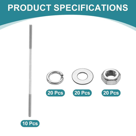 Double Ended Stud Screws Set M3x100mm in 304 Stainless Steel With Nuts, Flat Washers, and Lock Washers