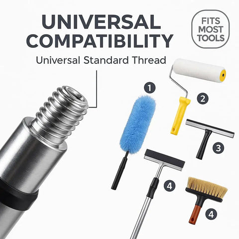 Telescopic Extension Pole 3 Ft Aluminum Alloy With Flip Lock, universal thread compatibility for multiple cleaning tools