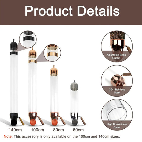 Wall Mounted Coffee Bean Dispenser With Adjustable Pour Spout And Airtight Lid shows 4 sizes and details in stainless steel and glass.