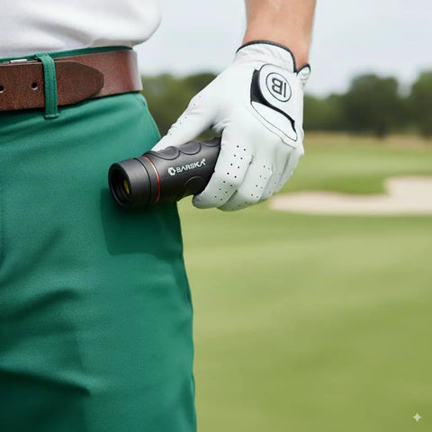 Person holding Blueline 8x22 Waterproof Golf Scope Monocular With Built In Internal Distance Reticle on golf course