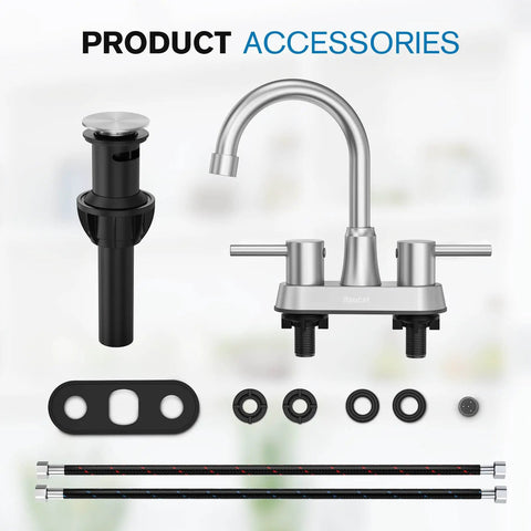 Brushed Nickel 4 Inch Centerset Bathroom Faucet With 2 Handles, Lead Free SUS304 Stainless Steel, Copper Pop Up Drain