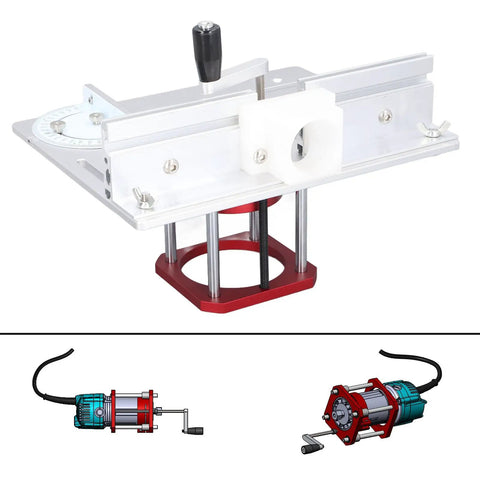 Heavy Duty Aluminum Router Lift Base With Quick Twist Knobs For Badass Diy Woodshop Setup Solid Zero To Fifty Four Millimeter Height Adjustment Rig For Small Table And Router Tables on a workbench.