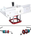 Heavy Duty Aluminum Router Base With Smooth Zero To 54 MM Lift System Kit close-up showing lift mechanism and precision parts.