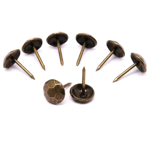 Top Shelf Metal Upholstery Tacks And Furniture Nails For Vintage Diy Makeovers, Rust Resistant Heavy Duty Headpins, 100 Piece Pack showing retro bronze tacks with hammered heads.
