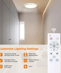 12 Inch Flush Mount Motion Sensor LED Ceiling Light With Remote Dimmable 3000K 4000K 5000K 2400 Lumen 360 Degree Sensor Ideal For Closet Hallway Laundry Stairs White shown installed with remote control