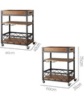 Three Tier Solid Pine and Steel Kitchen Cart with Built In Bottle Rack Industrial Vintage Rolling Utility Shelf Heavy Duty No Nonsense Roomside Storage Organizer dimensions 80cm x 75cm and 60cm x 75cm.