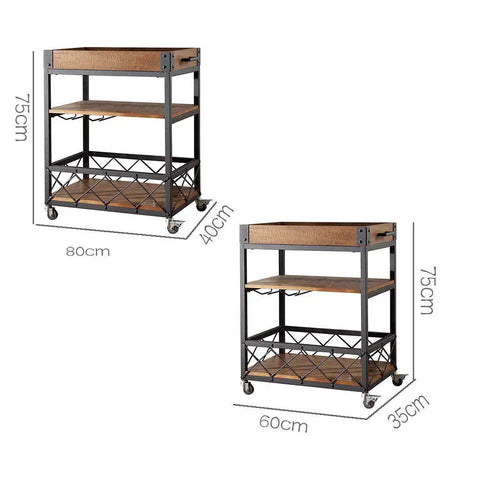 Three Tier Solid Pine and Steel Kitchen Cart with Built In Bottle Rack Industrial Vintage Rolling Utility Shelf Heavy Duty No Nonsense Roomside Storage Organizer dimensions 80cm x 75cm and 60cm x 75cm.