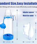 Adult Inhaler Spacer With Soft Silicone Mask For Easy Breathing At Home Or On The Go showing dimensions and standard size.