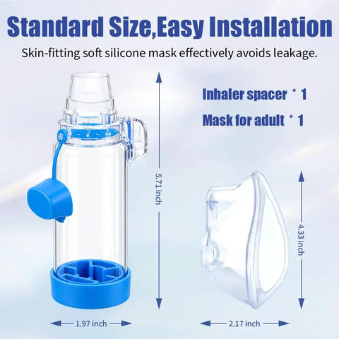 Adult Inhaler Spacer With Soft Silicone Mask For Easy Breathing At Home Or On The Go showing dimensions and standard size.