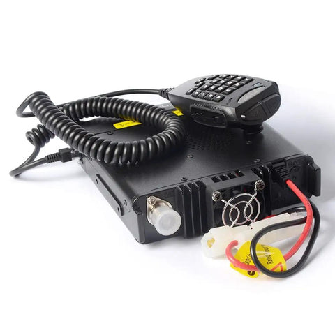 Quad Band 50W Cross Band Car Ham Radio With Alphanumeric Display CTCSS DCS DTMF 2 Tone 5 Tone FM Transceiver Covers 10M 6M 2M And 70CM Bands Remote Mount Ready High Power Mobile Radio For Enthusiasts with keypad mic and coiled cord.