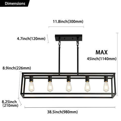 Farmhouse Black 5 Light Kitchen Island Pendant Light Set, Dope Modern Linear Cage Ceiling Fixture dimensions