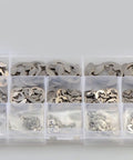 Stainless Steel E Shaped Retaining Ring Kit 400 Pieces anti rust snap rings in a plastic organizer box, visible sizes M1.5 to M15.