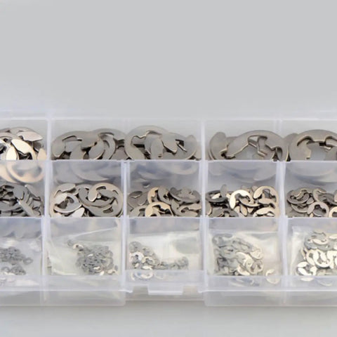 Stainless Steel E Shaped Retaining Ring Kit 400 Pieces anti rust snap rings in a plastic organizer box, visible sizes M1.5 to M15.