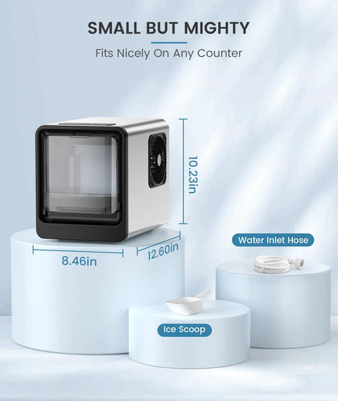 Snazzy Countertop Nugget Ice Maker With Auto Water Refill Produces Hella Fast Crystal Clear Bubble Ice In Just Four Minutes, compact size, metal shell, fits on counters.