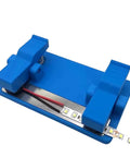 Super Grippy LED Strip Soldering Jig Helper Dual Clamp PCB Hold Down Tool Locks LED Tape Strips Securely For Handsfree Soldering, blue frame with red and black wires.