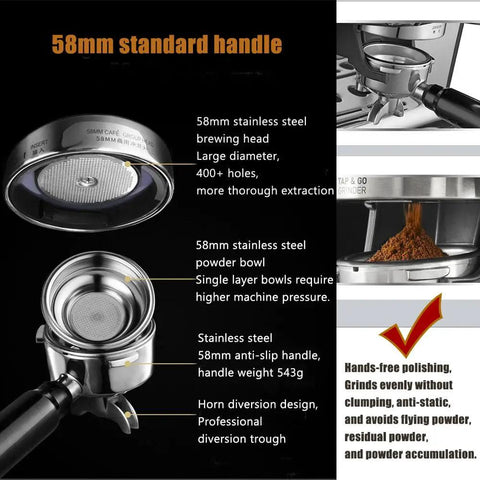Top Tier Automatic Espresso Machine With Built In Conical Burr Grinder And Adjustable Coarseness For Home Baristas Cranking Out Rich Lattes Morning Fuel featuring 58mm stainless steel brewing head and powder bowl.