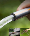 Close-up of water flowing from a hose connected to the Top Notch Stainless Steel Hose Reel With Wall Mount Heavy Duty 40M Water Coil Rack And High Pressure Spray Gun For Garage Backyard Grind And Weekend Projects Built To Last.