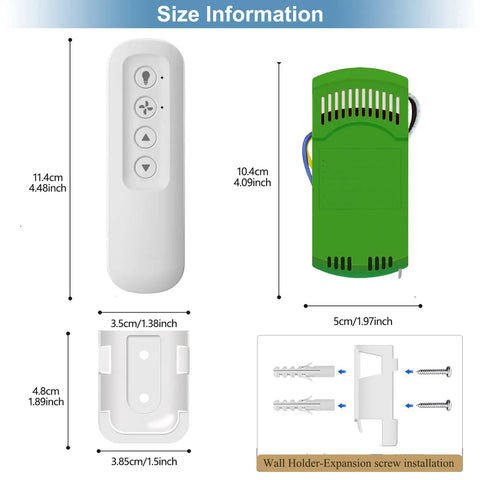 Universal Ceiling Fan Remote Control Kit With 3 Speed Settings And Light Dimmer dimensions and wall mount installation details