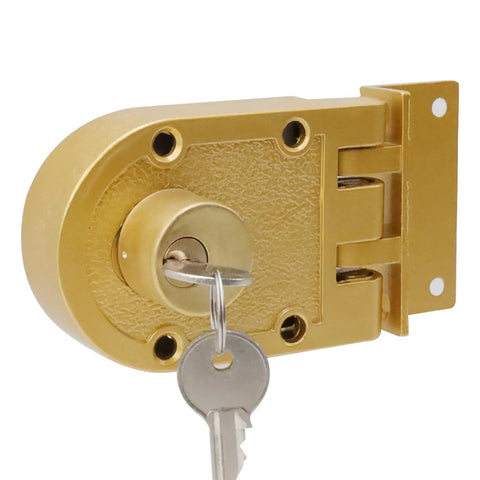 Gold heavy duty jimmy proof deadbolt lock with double cylinder and keys, side view, includes mounting hardware for home security on doors one and three eighths to two and three eighths inches thick.