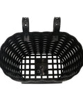Top view of black kids front bike basket with bell, durable plastic handlebar basket for boys, removable front carrier for rides