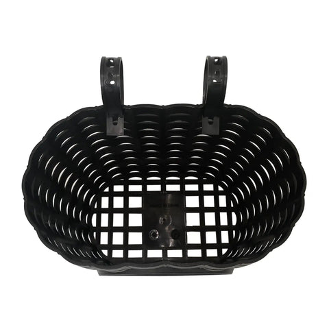 Top view of black kids front bike basket with bell, durable plastic handlebar basket for boys, removable front carrier for rides
