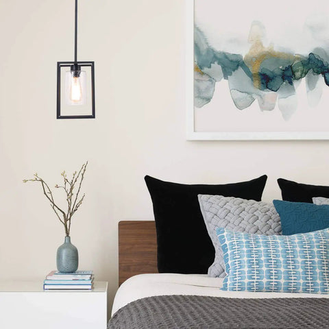 Black Pendant Light For Kitchen Island And Dining Room With Seeded Glass In A Sturdy Metal Cage Fixture Farmhouse Style 1 Light Hanging Ceiling Lamp Over Bed