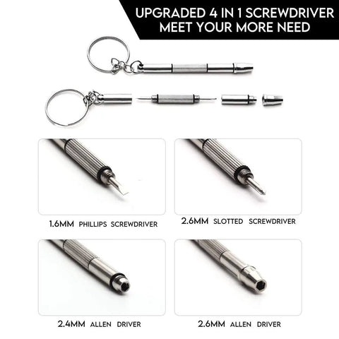 Upgraded 4 in 1 screwdriver keychain with four interchangeable heads: Phillips, slotted, and Allen drivers.