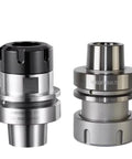 Premium HSK63F Tool Holder With ER Collets For Woodworking And Engraving Machines, steel construction, 20mm size, dual angle view.