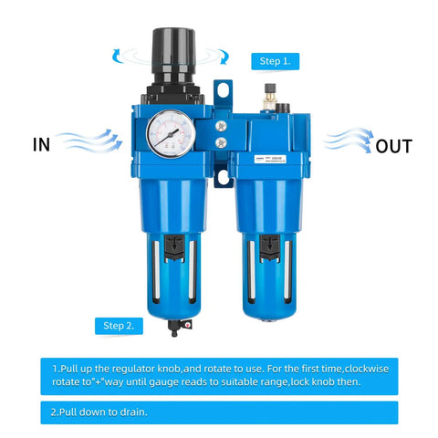 Pro Grade Air Filter Regulator Lubricator Combo With Water Oil Trap Separator 1 Inch NPT 0-150 Psi Gauge front view