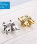 Hidden Concealed Cross Door Hinge 8x42mm With Screw For Wood Or Metal Doors And Cabinets Folding Doors Windows 180 Degree Swing Silver DIY Furniture Hardware, silver and gold hinges on a white background.