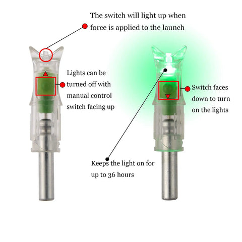 6 Pack LED Lighted Nocks for Crossbow Arrows 0.300 Inch Inside Diameter Green Glow detailing light switch function and duration