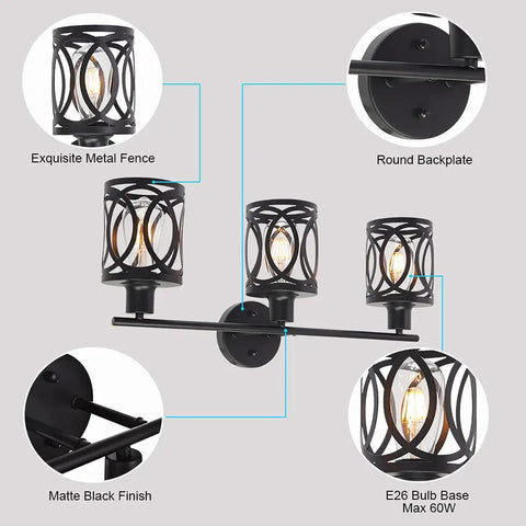Three Light Industrial Vanity Light Fixture In Black Farmhouse Wall Sconce, round backplate, metal fence design, E26 base