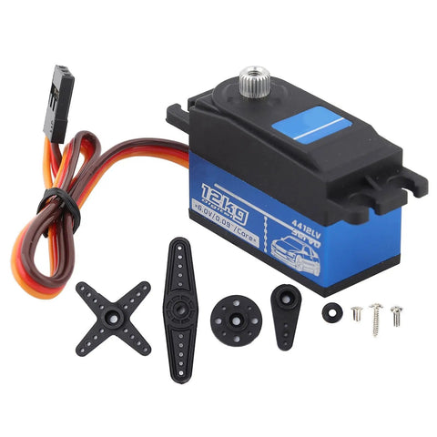 Badass Digital Servo For RC Rigs Packing Full Metal Gears And A Hefty 12 KG Stall Torque, includes accessories and wiring.