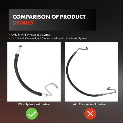 Comparison of Power Steering Pressure Hose Line Assembly showing differences between hydroboost and conventional systems.