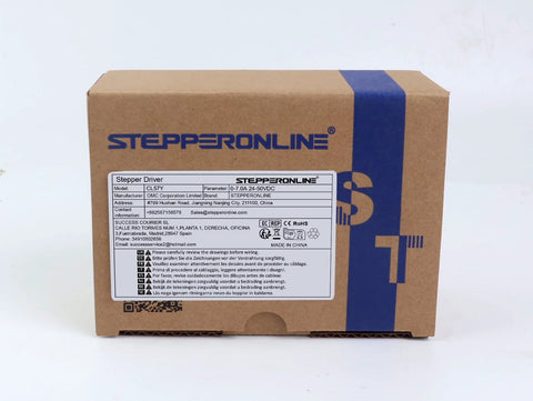 Stepper driver box by StepperOnline; brown cardboard with blue tape, label shows model CL57Y and 0-7.0A 24-50VDC specs.