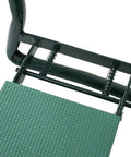 Close-up of the All In One Outdoor Garden Stool And Kneeler Foldable Bench with EVA Foam Pad, showing metal frame and green cushion.
