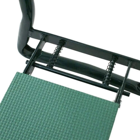 Close-up of the All In One Outdoor Garden Stool And Kneeler Foldable Bench with EVA Foam Pad, showing metal frame and green cushion.