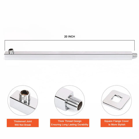 20 inch stainless steel shower arm with threads and flange details shown