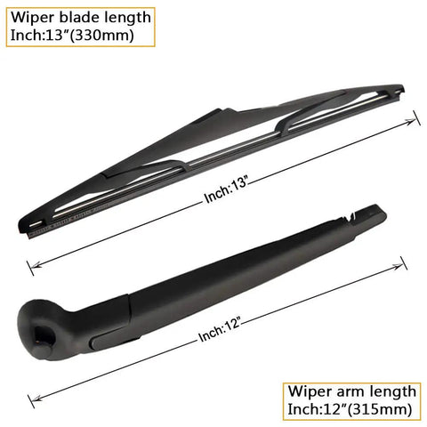 Badass Off Road Rear Wiper Arm And Blade Kit For Jeep Wrangler Jk 2007 2017 showing 12 inch arm and 13 inch blade measurements.