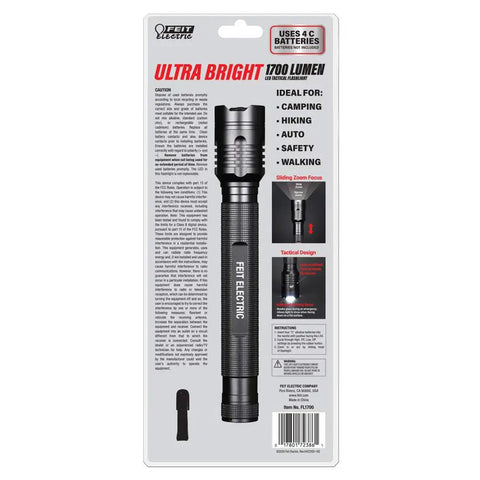 Packaging of Tactical LED Flashlight With Aluminum Alloy Body, Zoomable Beam, featuring 1,700 Lumen brightness, ultra-bright design.