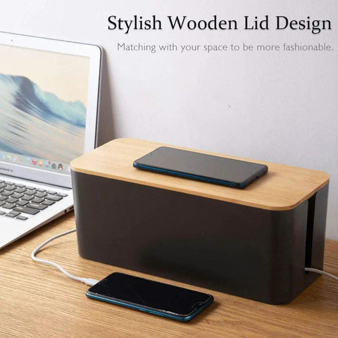 Two Pack Cable Management Box With Bamboo Lid, Large Wires Organizer, Black, on desk hiding cables and smartphones