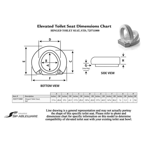 Dimension chart for Hinged Elevated Toilet Seat White With Three Inch Lift Adds About Three To Four Inches Of Height For Easier Sit And Stand No Fuss Easy To Clean Hinges And Supports Up To 350 Pounds.