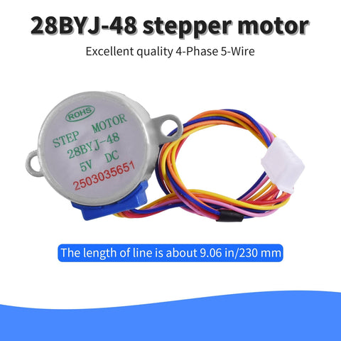 Close-up of Two Sets 28BYJ48 5V DC Stepper Motor With ULN2003 Driver Board showing wiring and dimension details for DIY projects.
