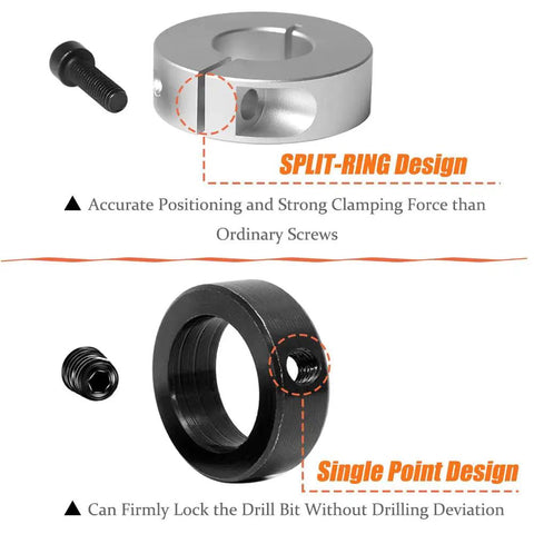 Split Ring Drill Bit Stop Collar Set Depth Stop Kit with imperial and metric sizes showcasing split and single point design features