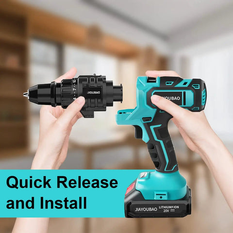 Person releasing drill head from 20V Max Electric Drill Tool Combo Kit 5 In 1 Multi Head Power Drill with Li Ion Battery