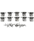 10 Pcs Self Closing Overlay Cabinet Hinges In Cold Rolled Steel With Mounting Screws, shown assembled. Durable hardware set.