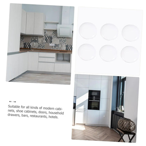 Six Pack White Alloy Cabinet Handles Single Hole Round Drawer Pulls For Cabinets And Wardrobes displayed in modern kitchen.