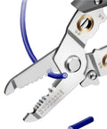 Close-up of 15 In 1 multifunctional Wire Stripper Decrustation Pliers Multi Tool cutting blue wire with precision blades.
